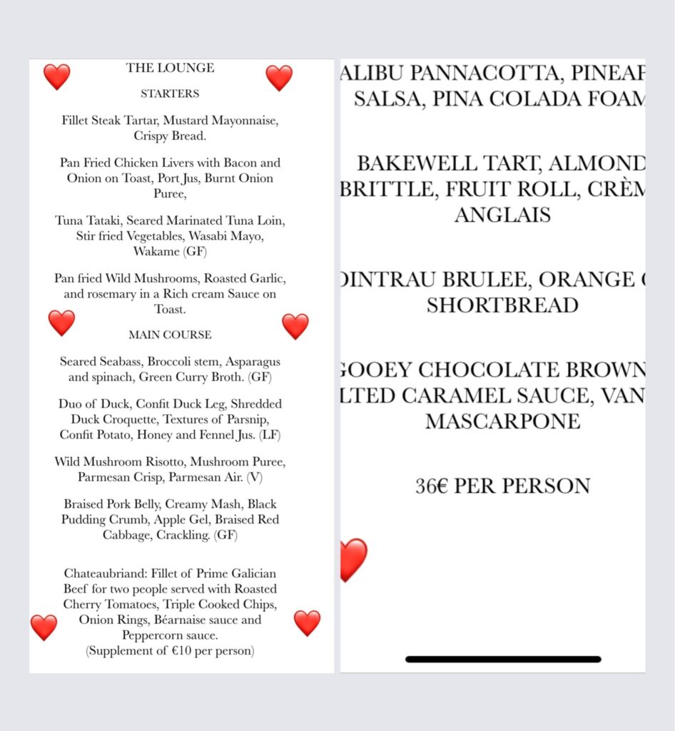 Lounge Bar restaurant Tapas bar Valentines Day Special menu